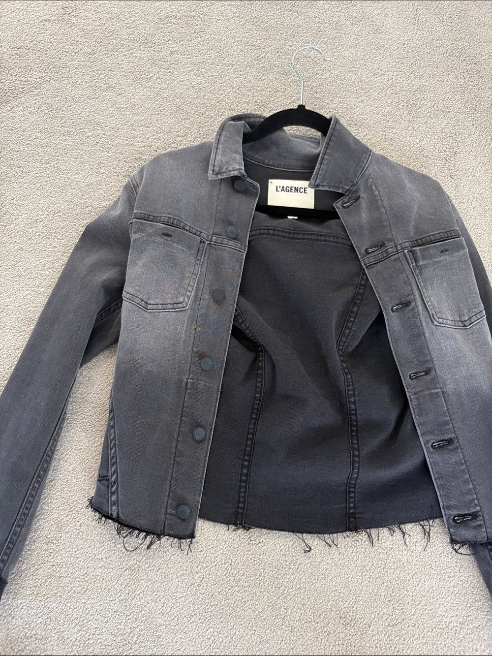 L'AGENCE Washed Black Denim Jean Jacket with Raw Hem